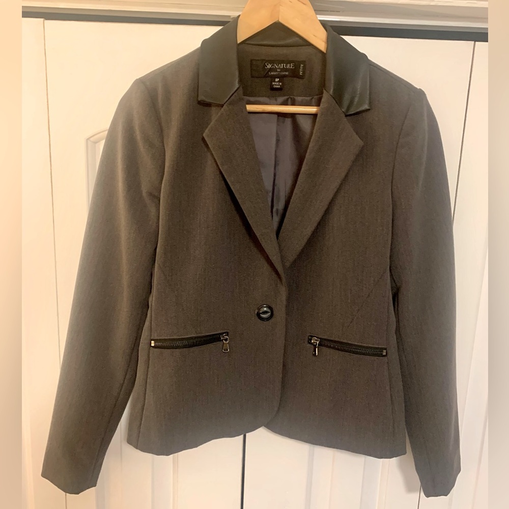 Faux Leather Collar Charcoal Blazer 6P
